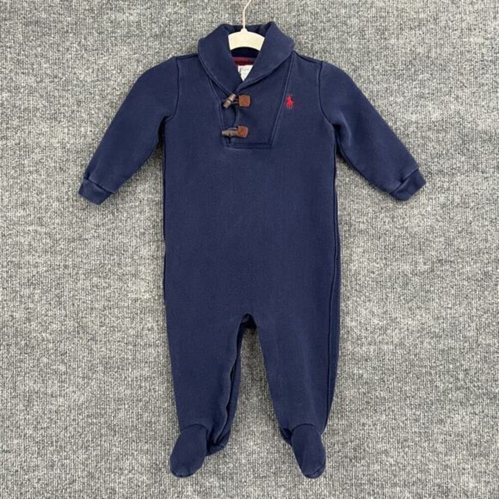 Ralph Lauren Baby One Piece Romper Size 9 Months Navy Shawl Collar Elbow Patches